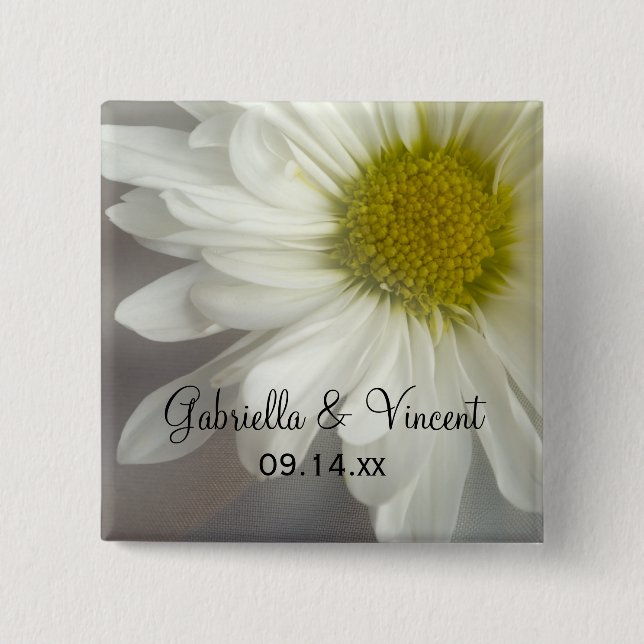Soft White Daisy on Grey Wedding 2 Inch Square Button (Front)
