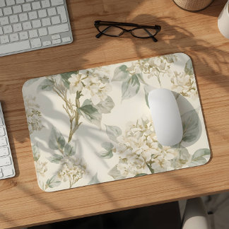 Soft White Hydrangea Floral Pattern Mouse Pad