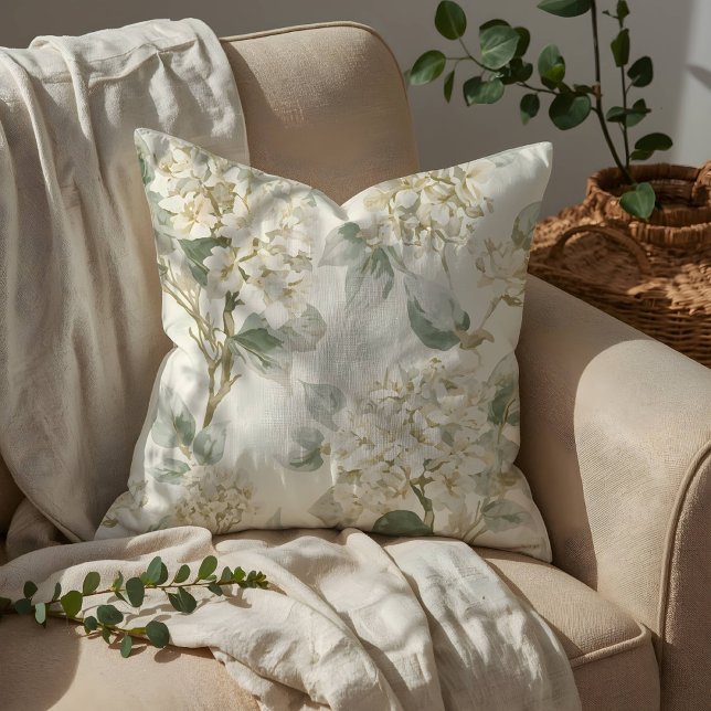 Soft White Hydrangea Floral Pattern Throw Pillow (Creator Uploaded)