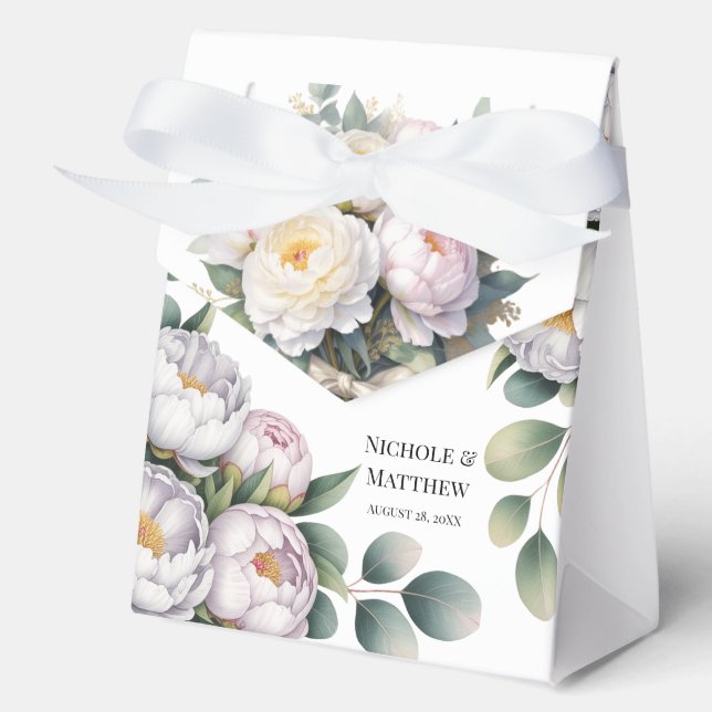 Soft White Peony with Eucalyptus Leaves Wedding Favor Box (Front)