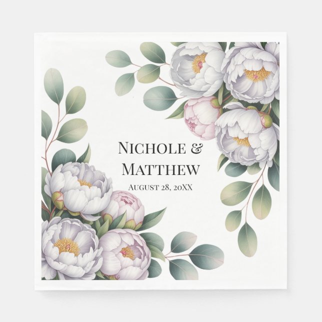 Soft White Peony with Eucalyptus Leaves Wedding Napkin (Front)