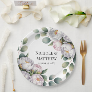 Soft White Peony with Eucalyptus Leaves Wedding Paper Plate