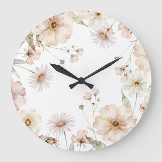 Soft Wildflower Border Watercolor Background Large Clock (Front)