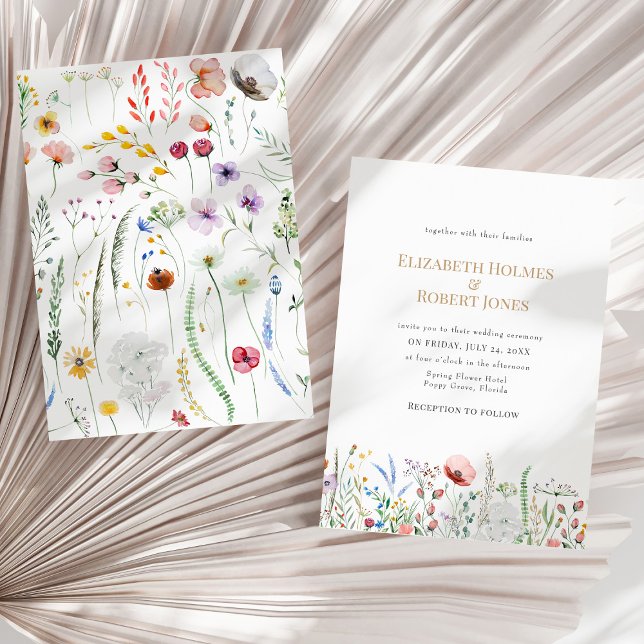 Soft Wildflower Meadow Wedding Invitation (Boho Watercolor Wildflower Wedding Invitation on a sunny neutral dry palm leaf.)