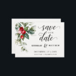 Soft Winter Berry Christmas Wedding Save The Date<br><div class="desc">This delicate watercolor bouquet has traditional Christmas colours, forest green, olive green and cranberry red on bright white. The words Save the Date are in a hand lettered style. The bride and grooms names are featured directly below with the remaining wedding details directly below. All text can be edited to...</div>