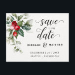 Soft Winter Berry Christmas Wedding Save The Date<br><div class="desc">This delicate watercolor bouquet has traditional Christmas colours, forest green, olive green and cranberry red on bright white. The words Save the Date are in a hand lettered style. The bride and grooms names are featured directly below with the remaining wedding details directly below. All text can be edited to...</div>