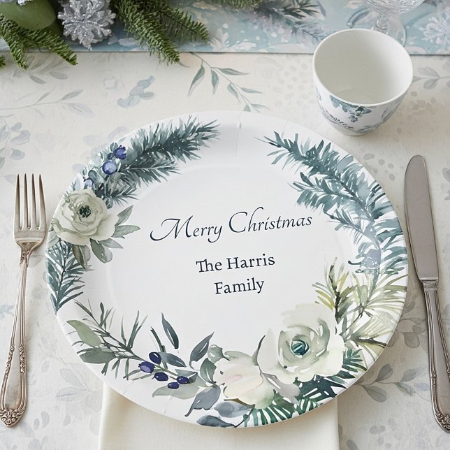 Soft winter greenery personalized Christmas Paper Plate (Creator Uploaded)