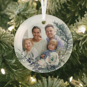 Soft winter greenery photo custom glass ornament