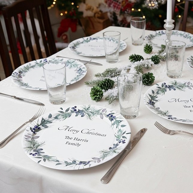 Soft winter greenery wreath personalized Christmas Paper Plate (Creator Uploaded)