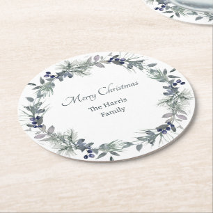 Soft winter greenery wreath personalized Christmas Round Paper Coaster