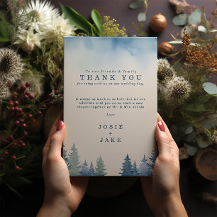 Soft winter pine trees wedding table thank you card