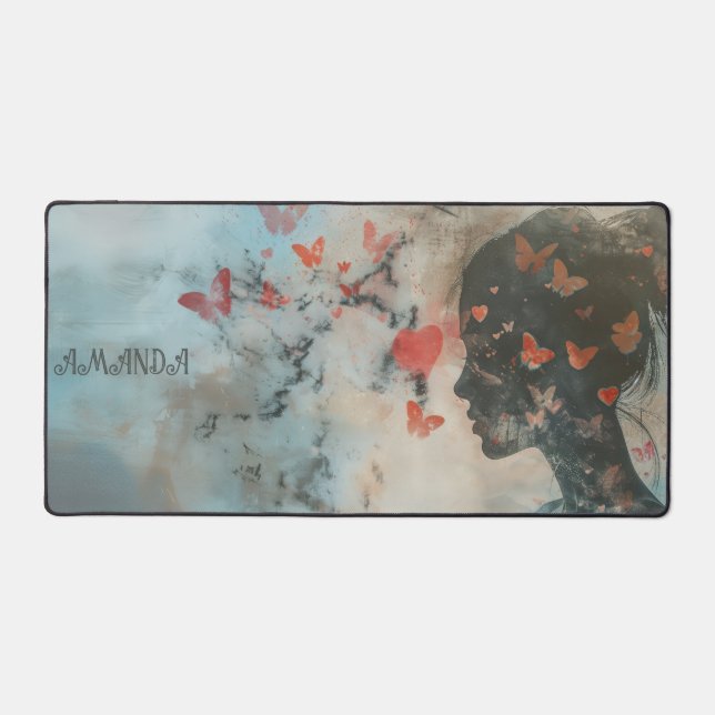 Soft Woman Silhouette with Hearts Desk Mat (Front)