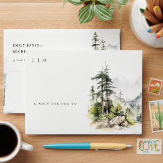 Soft Woods Mountain Landscape Sketch Wedding Envelope