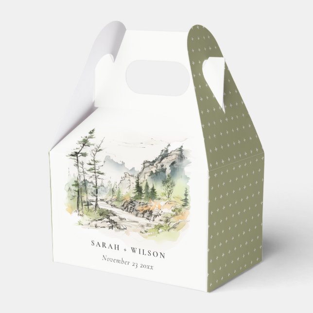 Soft Woods Mountain Landscape Sketch Wedding Favor Box (Front Side)
