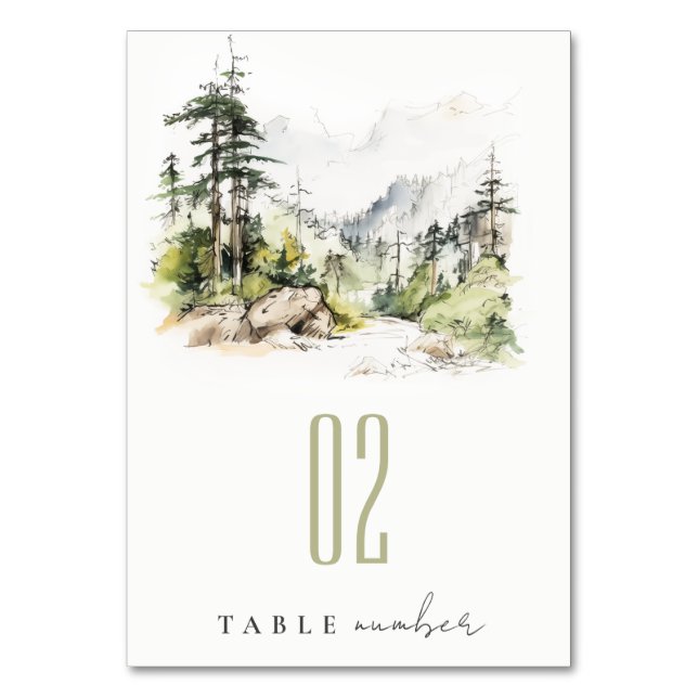Soft Woods Mountain Landscape Sketch Wedding Table Number (Front)