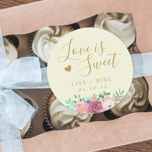Soft Yellow and Pink Floral Love is Sweet Wedding Classic Round Sticker