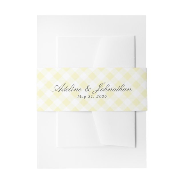 Soft Yellow and White Gingham Plaid Name and Date Invitation Belly Band (Front Example)