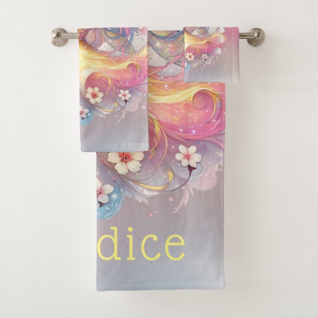 Soft Yellow Floral Fairy Princess Girls Custom Bath Towel Set (Insitu)
