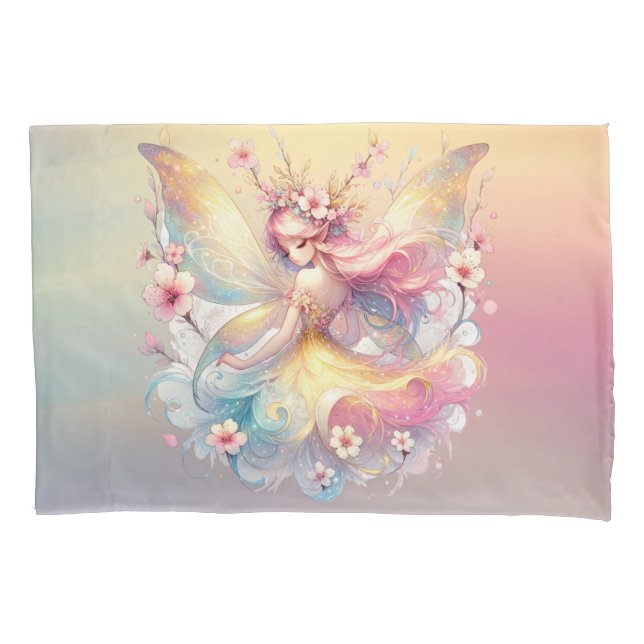 Soft Yellow Floral Fairy Princess Girls Pillowcase (Front)