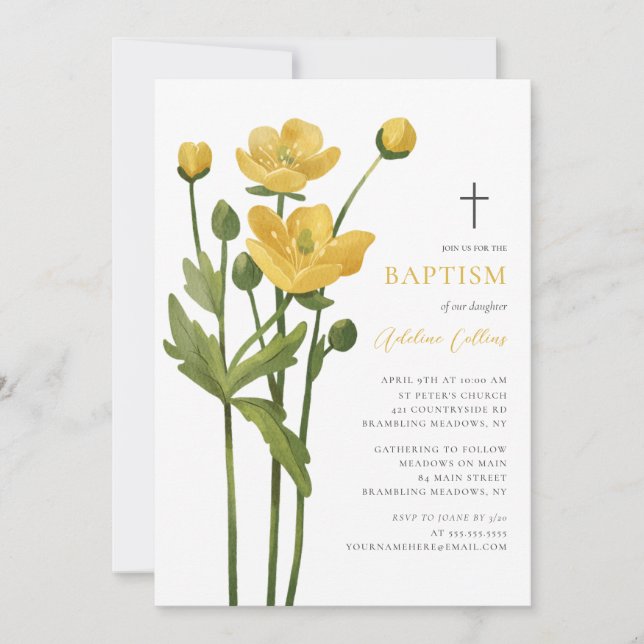 Soft Yellow Flower Blossoms Elegant Script Baptism Invitation (Front)