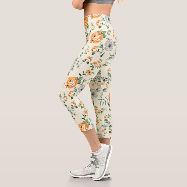 Soft Yellow Garden Floral Pattern Capri Leggings (Left)