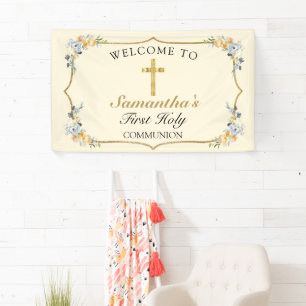 Soft Yellow Gold Cross 1st Communion Welcome Banner
