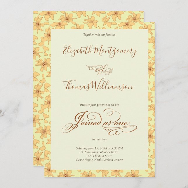 Soft Yellow Hand Drawn Floral Wedding Invitation (Front/Back)
