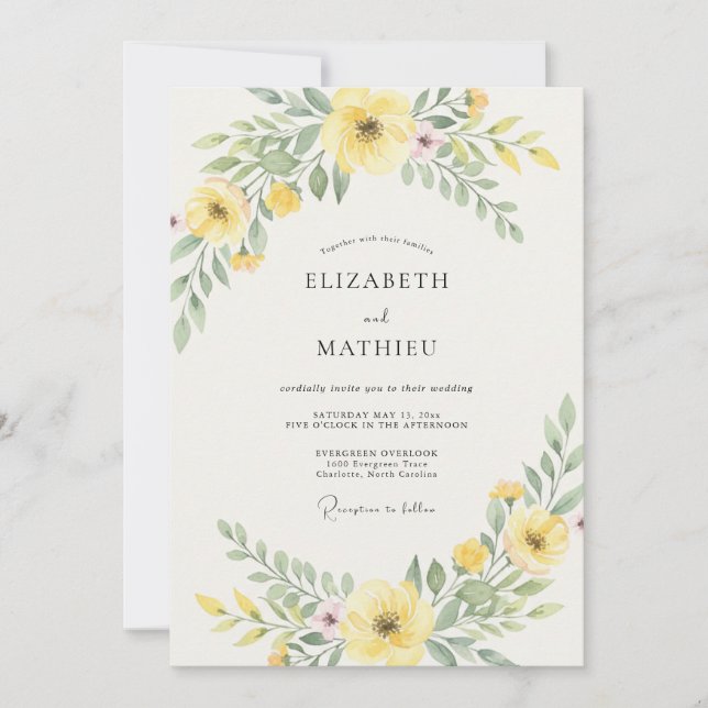 Soft Yellow Leafy Wedding Invitation (Front)