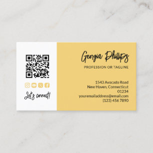 Soft Yellow QR Code Photo Socialmedia Brush Script Business Card