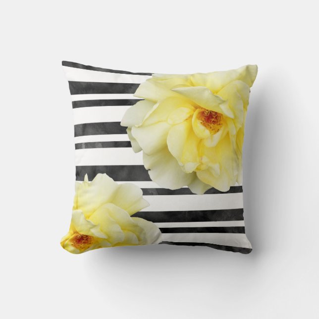Soft Yellow Rose Black and White Stripes Throw Pillow (Front)