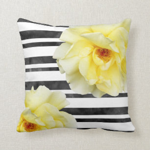 Soft Yellow Rose Black and White Stripes Throw Pillow
