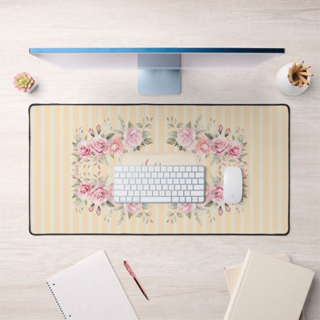 Soft yellow striped floral desk mat (Office 1)