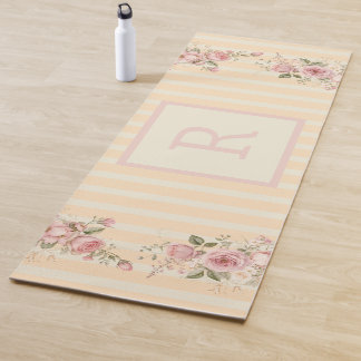 Soft yellow striped floral yoga mat