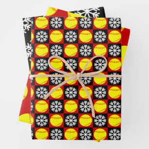 Softball and Snowflake Red and Black Christmas Wrapping Paper Sheet