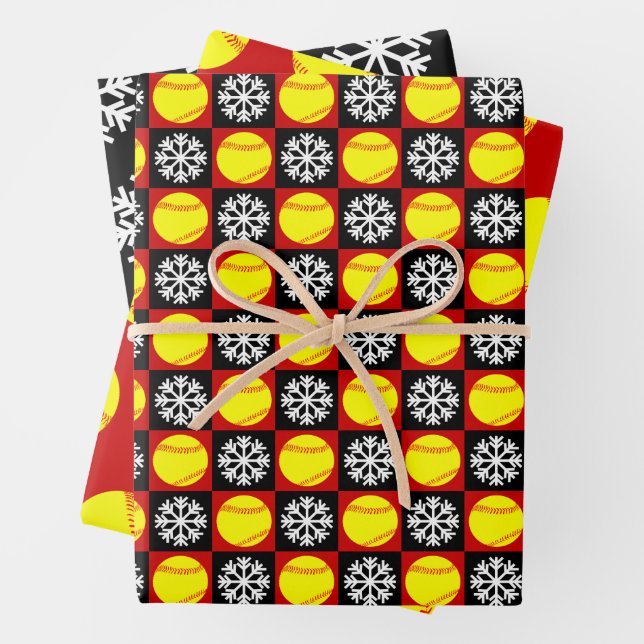 Softball and Snowflake Red and Black Christmas Wrapping Paper Sheet (In situ)