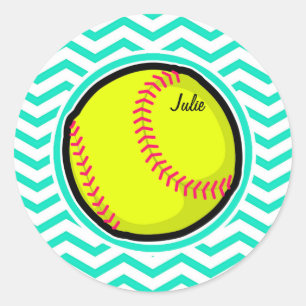 Softball; Aqua Green Chevron Classic Round Sticker