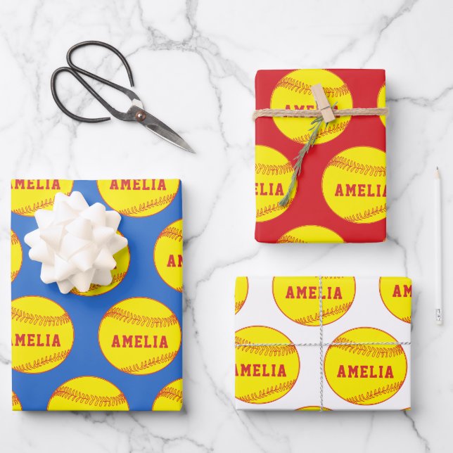 Softball Ball Player Kids Name Birthday Wrapping Paper Sheet (Front)