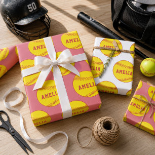 Softball Ball Player Kids Name Birthday Wrapping Paper Sheet