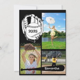 Softball/ Baseball 3 Photo Black Graduation  Invitation