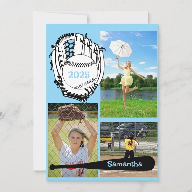 Softball/ Baseball 3 Photo Light Blue Graduation  Invitation (Front)