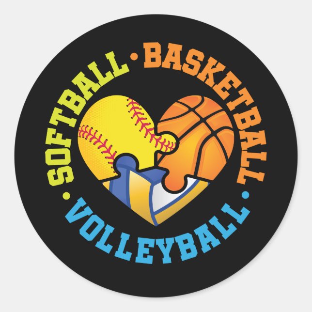 Softball Basketball Volleyball Heart Classic Round Sticker (Front)