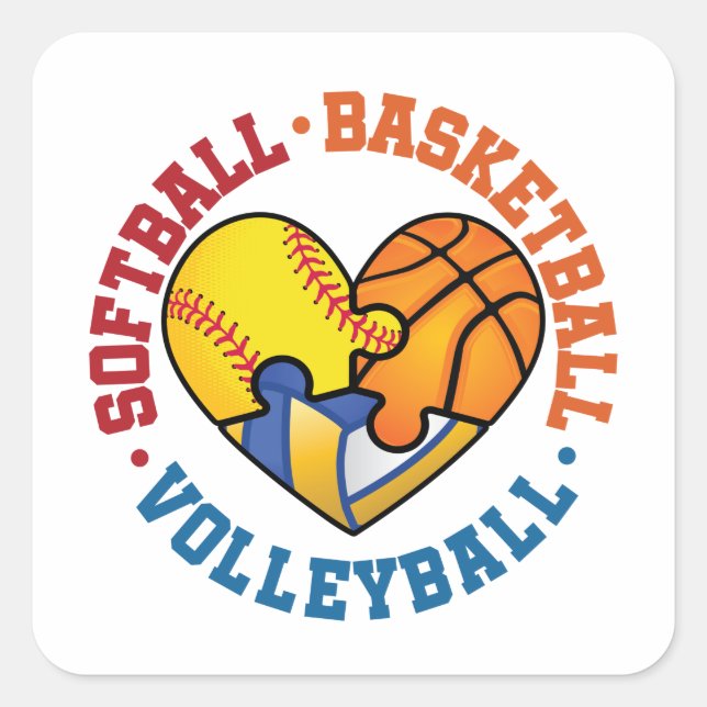 Softball Basketball Volleyball Heart Three Sports Square Sticker (Front)