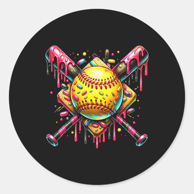 Softball Bat Ice Cream Dripping With Sprinkles  Classic Round Sticker (Front)