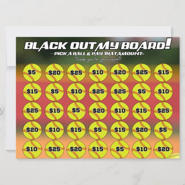 Softball Blackout Board Fundraiser Pick A Softball Invitation (Front)