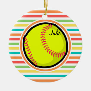 Softball; Bright Rainbow Stripes Ceramic Ornament