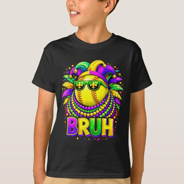 Softball Bruh Mardi Gras Jester Hat And Sungles  T-Shirt (Front)