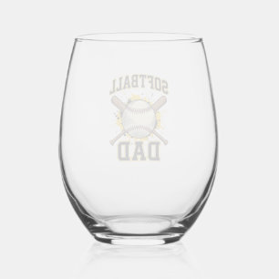 Softball Dad Vintage Varsity Crossed Bats Design_1 Stemless Wine Glass