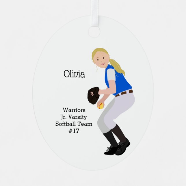 Softball Female Blonde Blue & White Metal Ornament (Front)