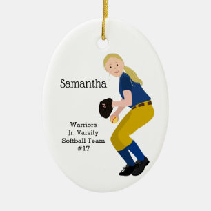 Softball Female Blonde Gold & Blue Ceramic Ornament