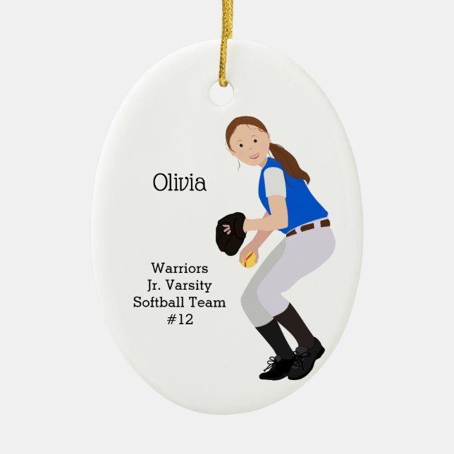 Softball Female Brunette Blue & White Ceramic Ornament (Front)